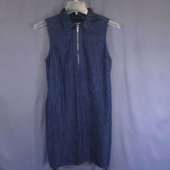 Tommy‎ Hilfiger Denim Shift Dress 100% Cotton  3/4 Zip Tie Back Elastic Size L - Picture 1 of 11